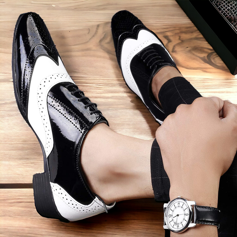 Jack Marc Shiny Black and White Lace-Up Invisible Height Increasing Shoes