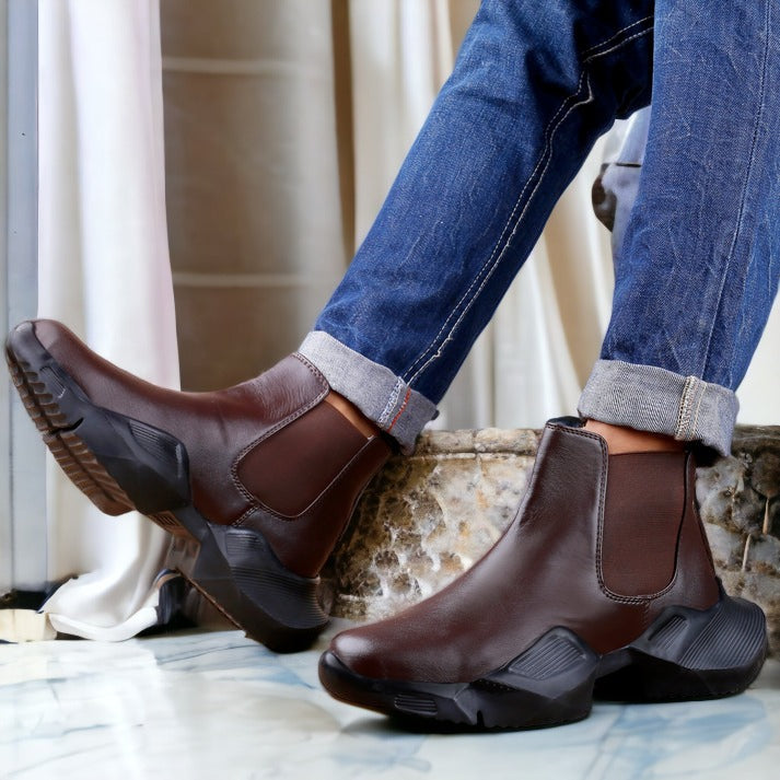Jack Marc's Latest Brown Faux Leather Chelsea Boots for Men