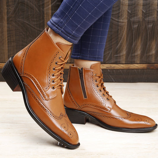 Men's Brown Latest Formal Semi-Formal Ankle Zipper Lace-Up Brogue Boots