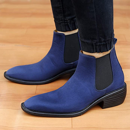 Height Increasing Blue Suede Chelsea Cuba Boots For Men