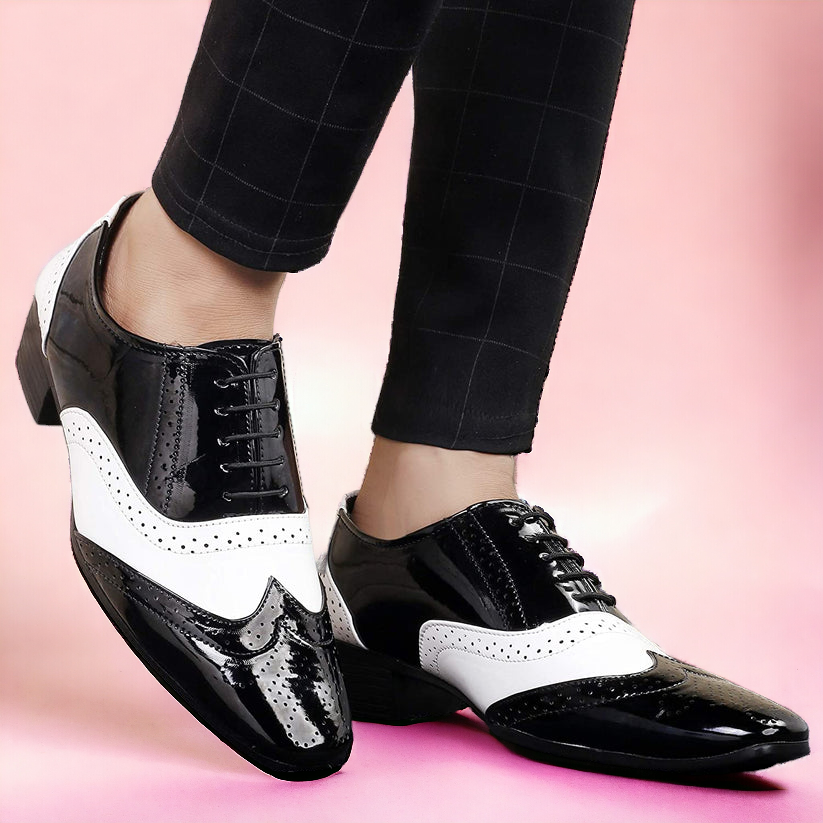 Jack Marc Shiny Black and White Lace-Up Invisible Height Increasing Shoes