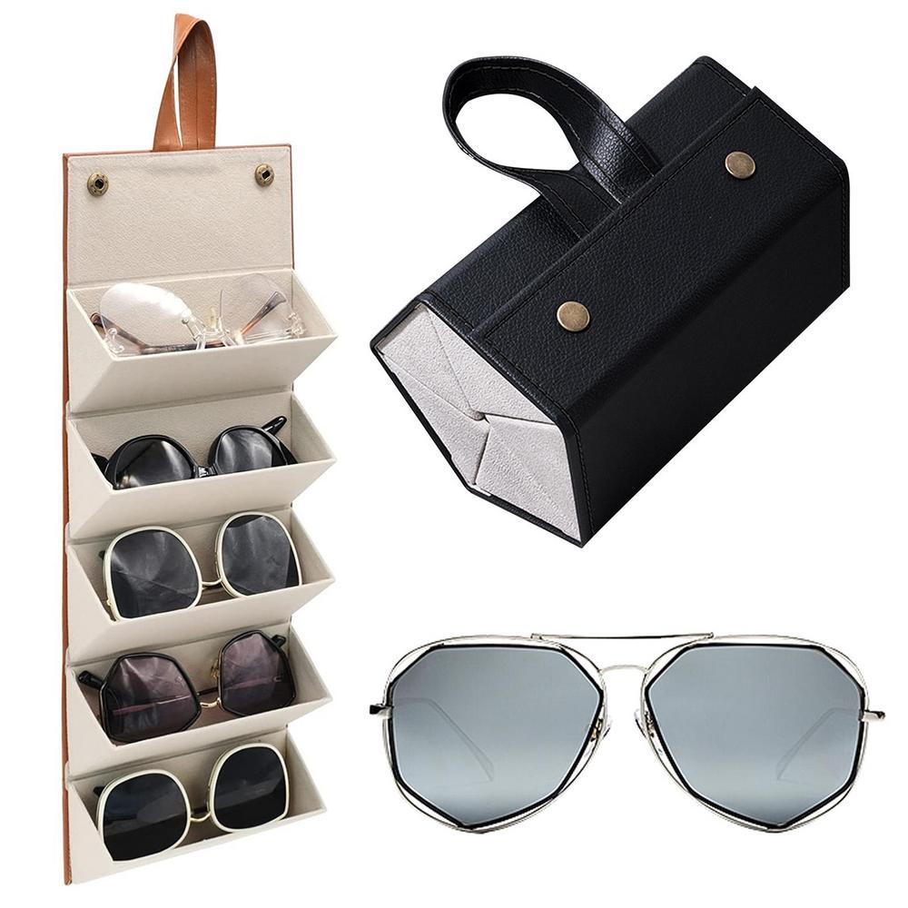 Portable Glasses Organizer 5 Grids Multi-slot Eyeglasses Storage Display Travel Folding Sunglasses PU Leather Case Home Storage