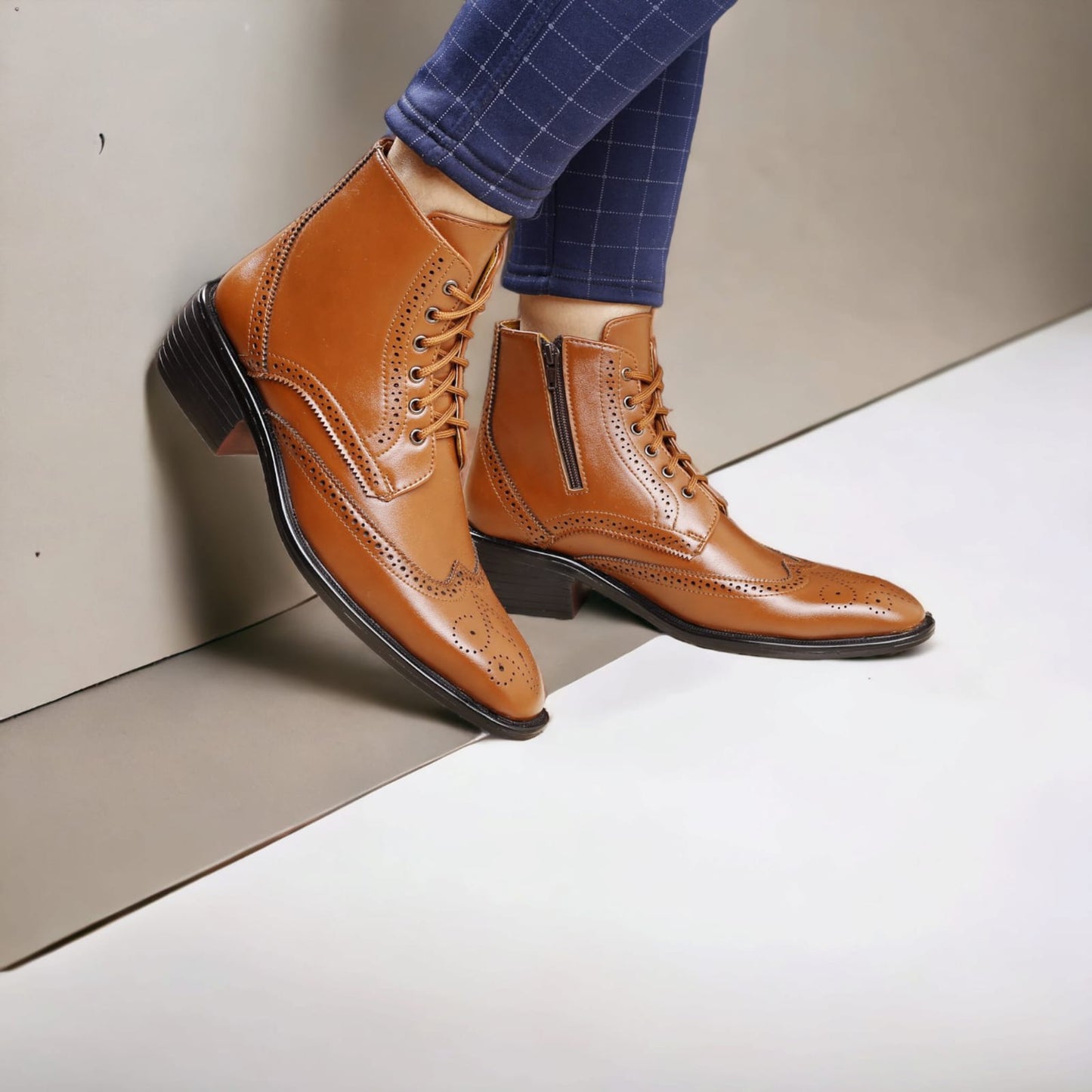 Jack Marc Brogue Tan Leather Height Increasing Boots Men - JACKMARC.COM