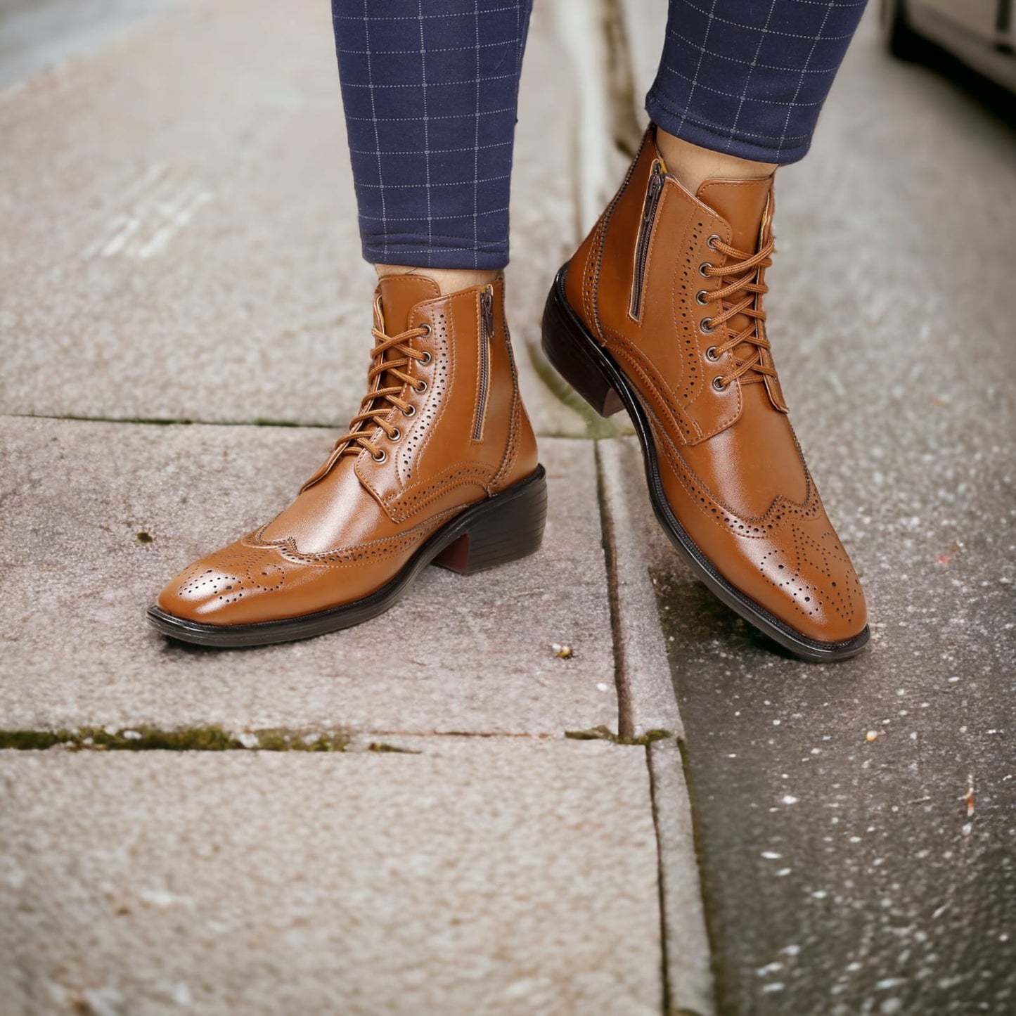 Jack Marc Brogue Tan Leather Height Increasing Boots Men - JACKMARC.COM