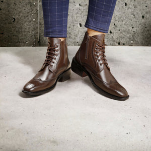 Jack Marc Brogue Brown Leather Height Increasing Boots Men - JACKMARC.COM