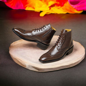 Jack Marc Brogue Brown Leather Height Increasing Boots Men - JACKMARC.COM