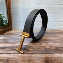 Load image into Gallery viewer, Jack Marc Fashion Gold Black Leather Belt For Men - JACKMARC.COM
