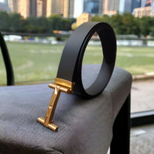 Load image into Gallery viewer, Jack Marc Fashion Gold Black Leather Belt For Men - JACKMARC.COM
