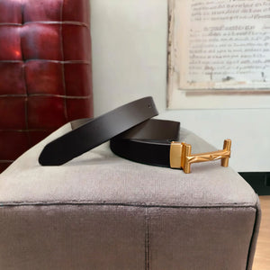 Jack Marc Fashion Gold Black Leather Belt For Men - JACKMARC.COM