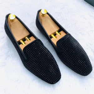 Jack Marc Stone Studded Black Moccasins - JACKMARC.COM