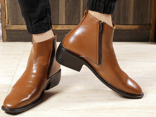 Men's Office Wear Tan Formal Height Increasing Zipper Slip-on Ankle Boots
