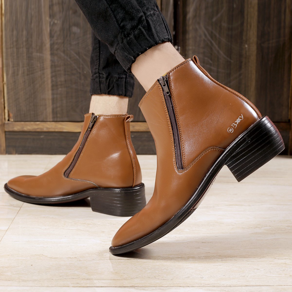 Men's Office Wear Tan Formal Height Increasing Zipper Slip-on Ankle Boots