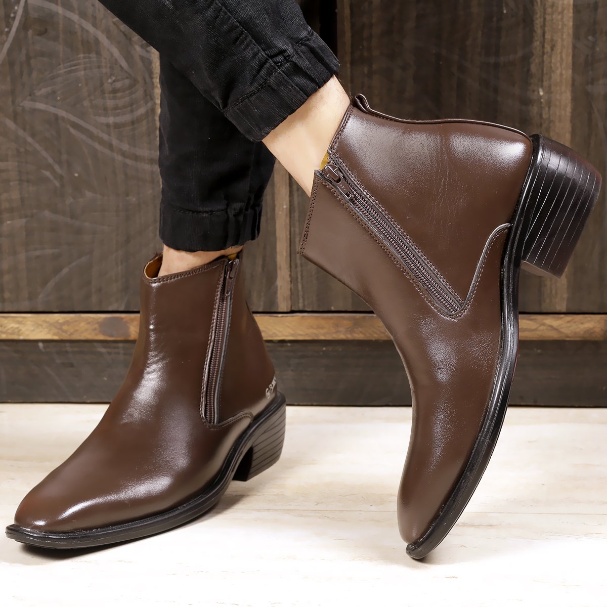 Men's Office Wear Brown Formal Height Increasing Zipper Slip-on Ankle Boots