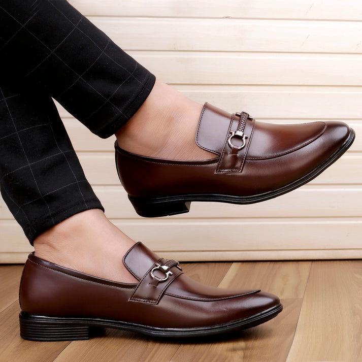 Jack Marc Men's Brown Formal Slip-on Synthetic Black Shoes