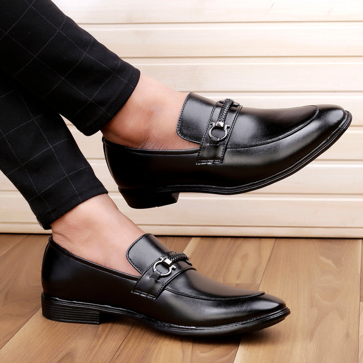 Jack Marc Men's Black Formal Slip-on Synthetic Black Shoes