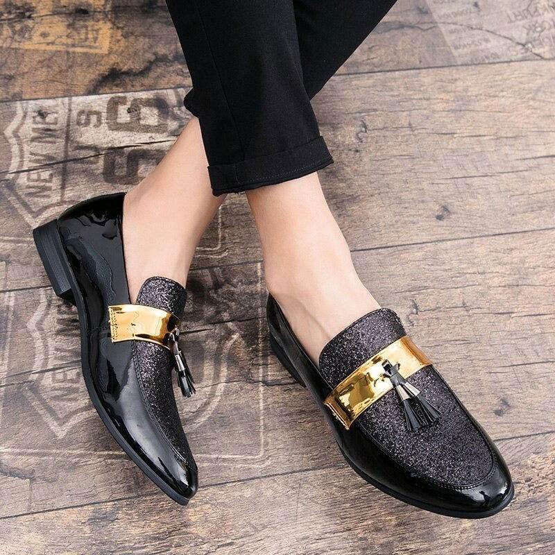Men Flat Black Golden Formal Patchwork Shoe PU Leather Casual Men