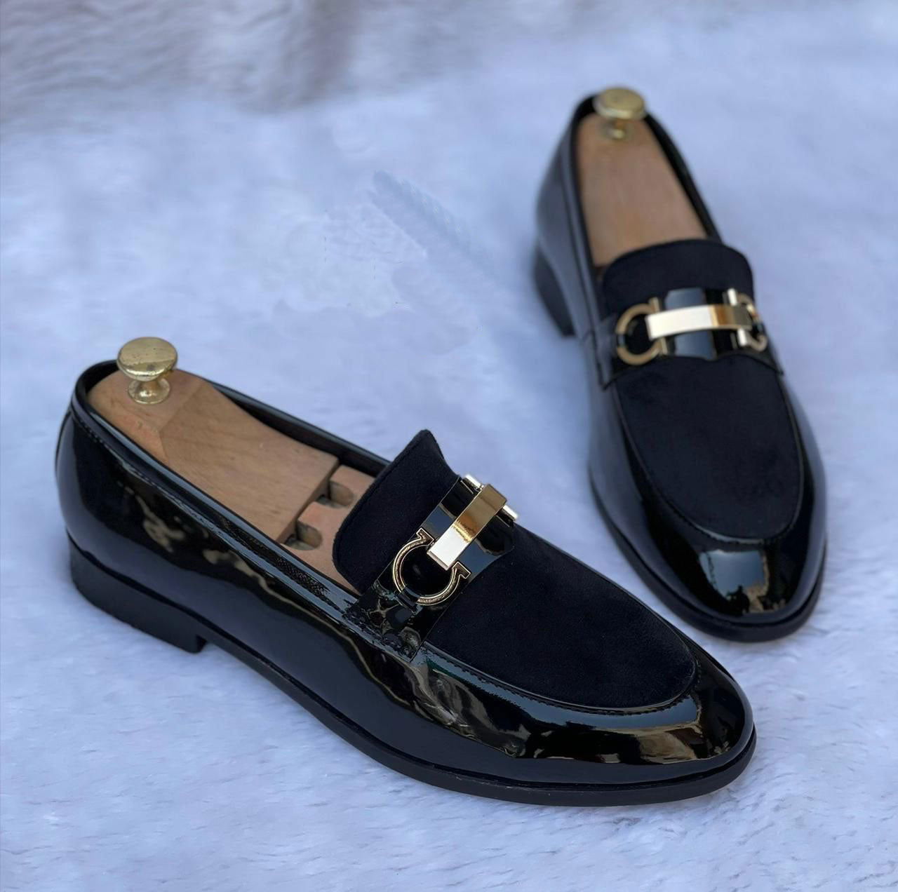 New Buckle Design Suede Patent Black Moccasins-Jack Marc - JACKMARC.COM