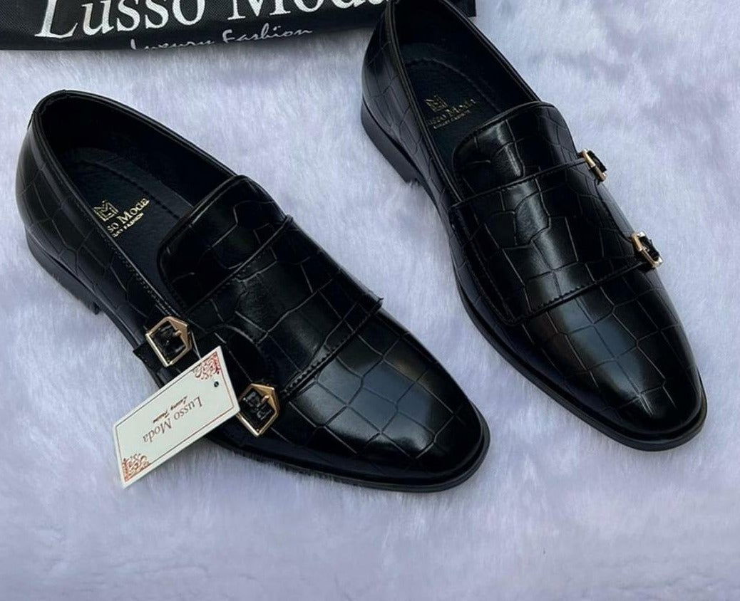 New Fashionable Double Monk Black Dress Shoes For Men- Jack Marc - JACKMARC.COM