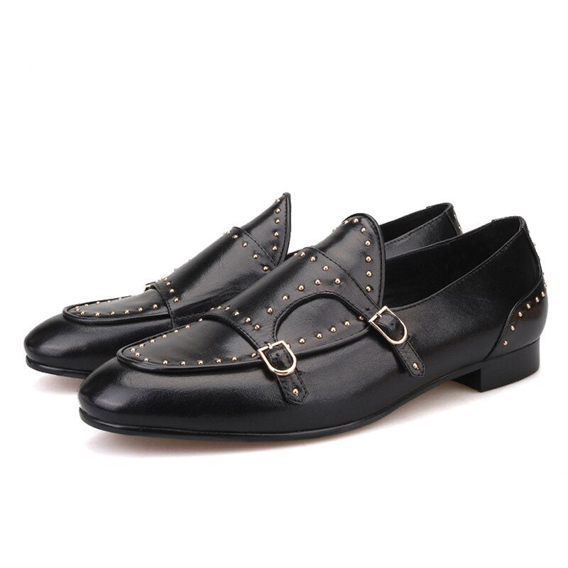 New Stud Monk Moccasins Quality Faux Leather with Durable Sole For Men-Jack Marc(Black)