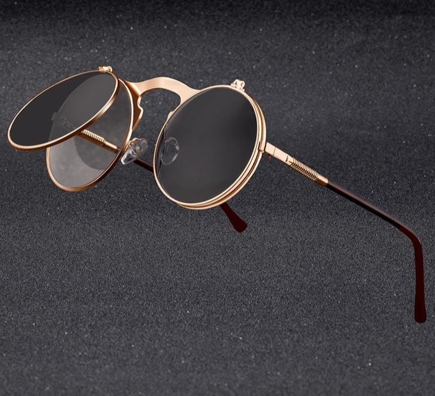 Vintage Retro Round Steampunk Flip Up Sunglasses - JACKMARC.COM