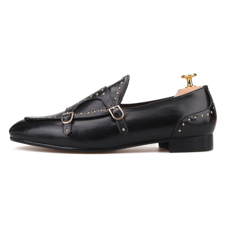 New Stud Monk Moccasins Quality Faux Leather with Durable Sole For Men-Jack Marc(Black)