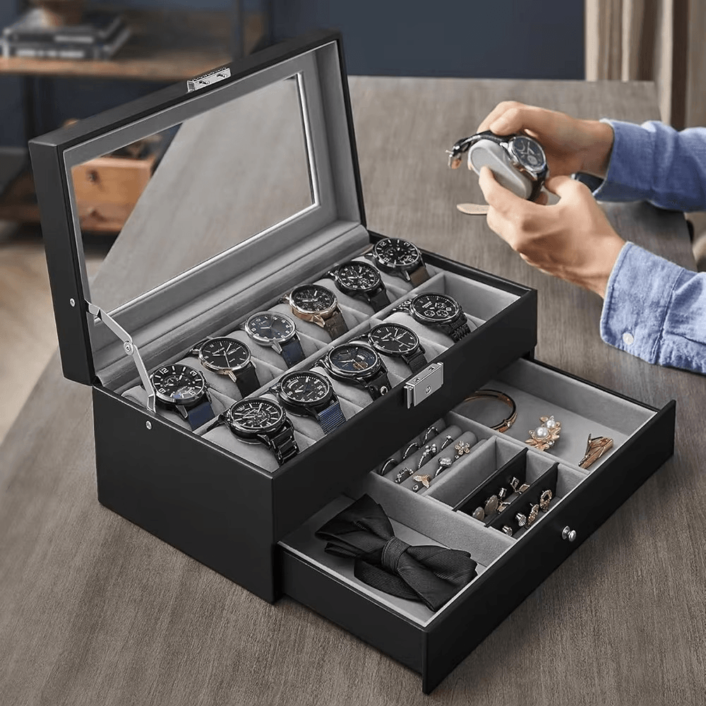 Watch With Box Luxury 2-Layer 12-Slot Lockable Watch Box with Glass Lid & Drawer ...