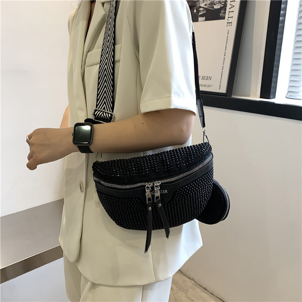 Fashion Rhinestone Waist Belt Bag Women Chest Pack Shoulder Simple Crossbody Bag-Jack Marc