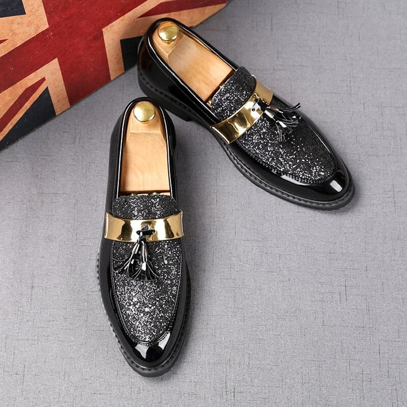 Designer New British Sequin Wedding Dress Tassels Pointed Toe Flats Shoes For Men-JM