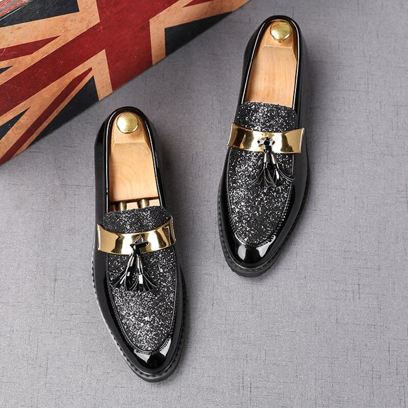 Designer New British Sequin Wedding Dress Tassels Pointed Toe Flats Shoes For Men-JM