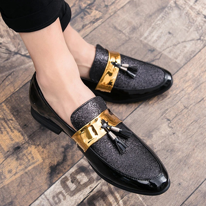 Men Flat Black Golden Formal Patchwork Shoe PU Leather Casual Men-JM
