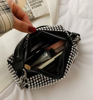 Punk Style Black Silver Women Diamonds Tote Bag Woman Rhinestone Shoulder Bags-JM